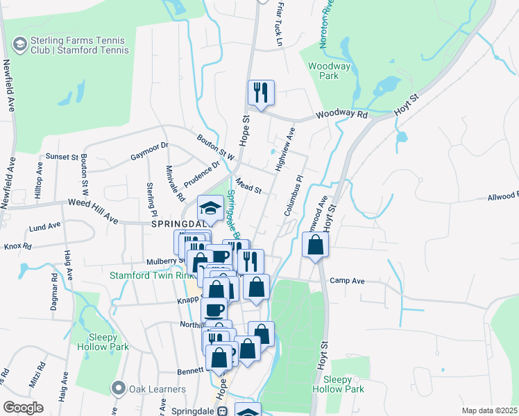 map of restaurants, bars, coffee shops, grocery stores, and more near 95 Highview Avenue in Stamford