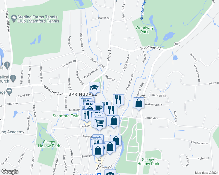 map of restaurants, bars, coffee shops, grocery stores, and more near 21 Oenoke Place in Stamford