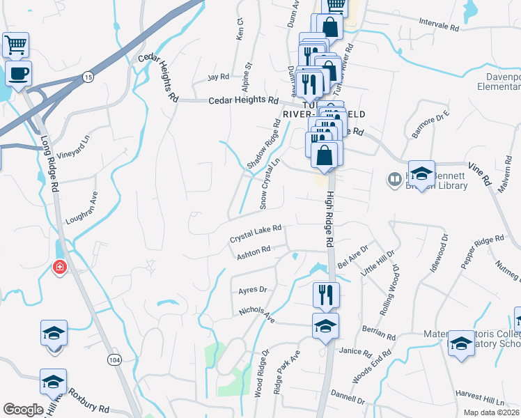 map of restaurants, bars, coffee shops, grocery stores, and more near 232 Sun Dance Road in Stamford