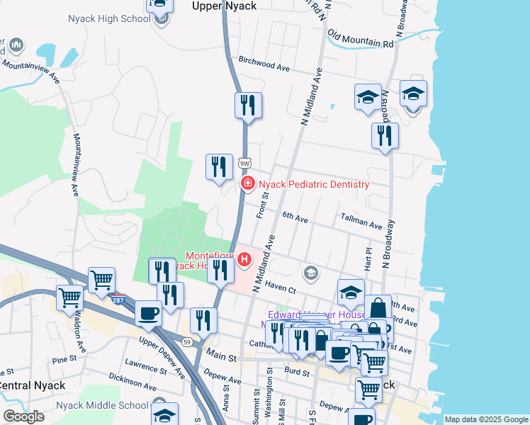 map of restaurants, bars, coffee shops, grocery stores, and more near 246 North Midland Avenue in Nyack