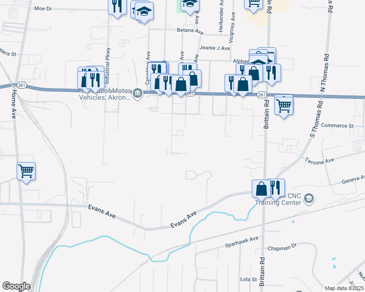 map of restaurants, bars, coffee shops, grocery stores, and more near 1289 Brownstone Avenue in Akron