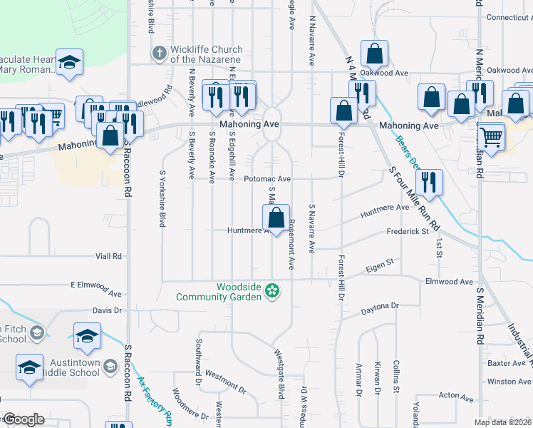 map of restaurants, bars, coffee shops, grocery stores, and more near 158 S Main St in Youngstown