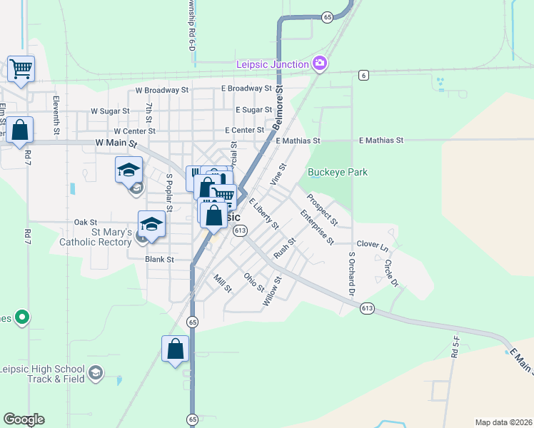 map of restaurants, bars, coffee shops, grocery stores, and more near 333 E Liberty St in Leipsic
