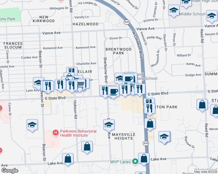 map of restaurants, bars, coffee shops, grocery stores, and more near 2324 Sherborne Boulevard in Fort Wayne