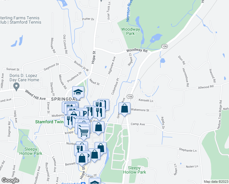 map of restaurants, bars, coffee shops, grocery stores, and more near 73 Columbus Place in Stamford