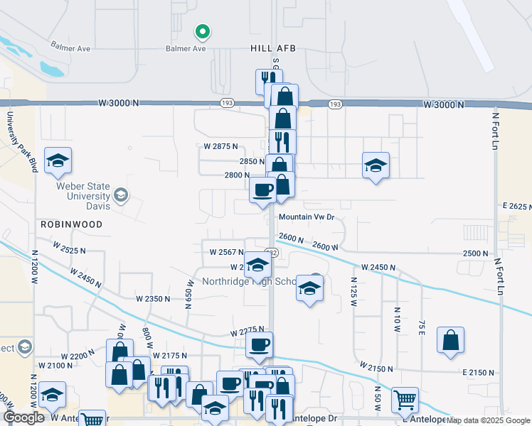 map of restaurants, bars, coffee shops, grocery stores, and more near 2631 North 400 West in Layton