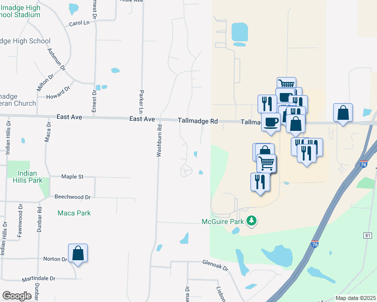 map of restaurants, bars, coffee shops, grocery stores, and more near 71 Eastpointe Drive in Tallmadge