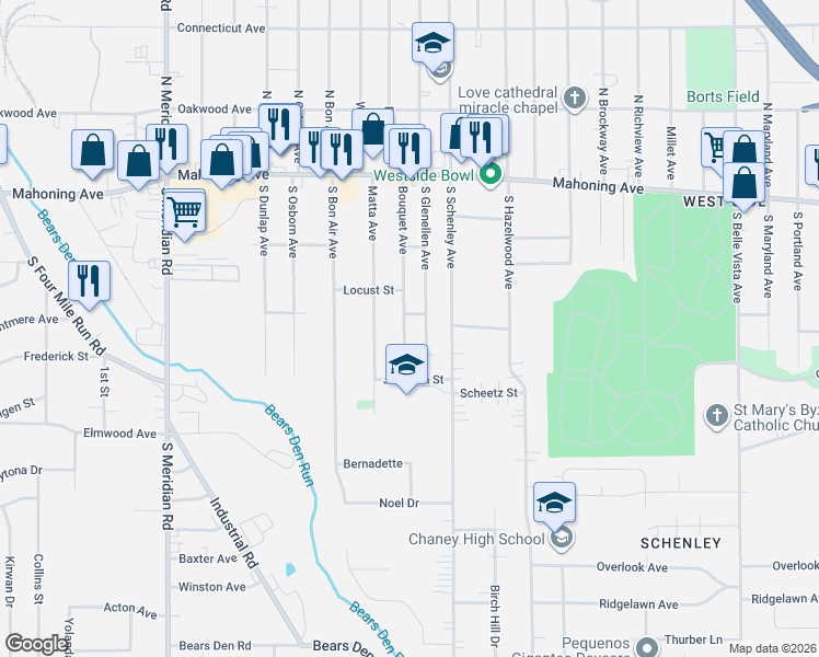 map of restaurants, bars, coffee shops, grocery stores, and more near 213 Bouquet Avenue in Youngstown