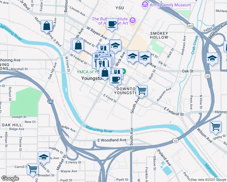 map of restaurants, bars, coffee shops, grocery stores, and more near 103 South Champion Street in Youngstown