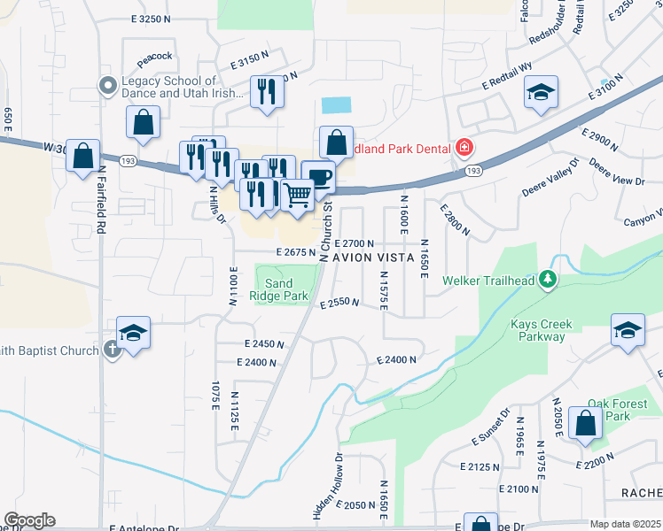 map of restaurants, bars, coffee shops, grocery stores, and more near 2655 North 1450 East in Layton