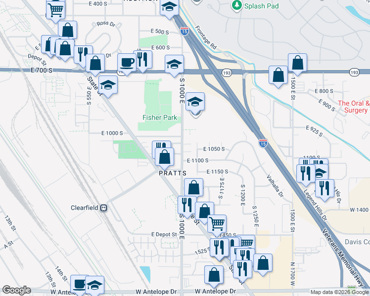 map of restaurants, bars, coffee shops, grocery stores, and more near 1091 South 1000 East in Clearfield