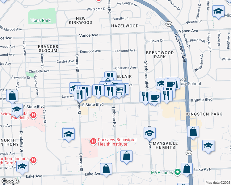 map of restaurants, bars, coffee shops, grocery stores, and more near 2409 White Oak Avenue in Fort Wayne