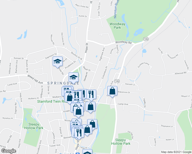 map of restaurants, bars, coffee shops, grocery stores, and more near 95 Highview Avenue in Stamford