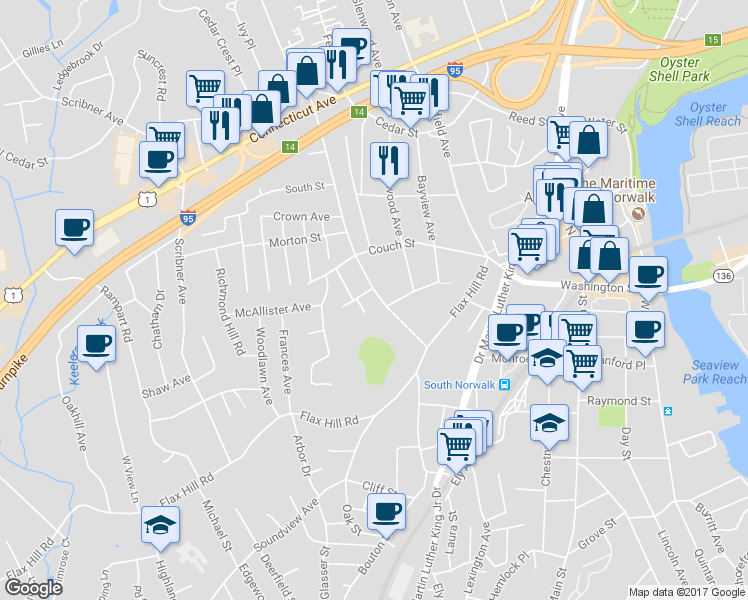 map of restaurants, bars, coffee shops, grocery stores, and more near 32 Taylor Avenue in Norwalk