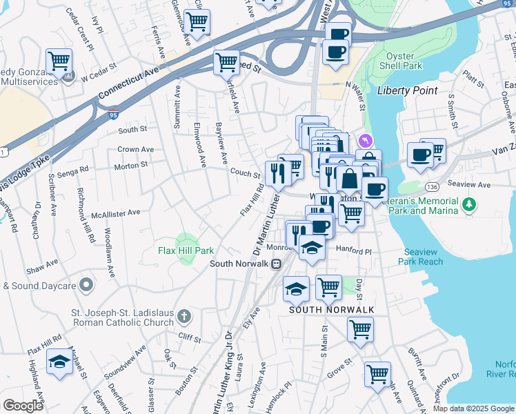 map of restaurants, bars, coffee shops, grocery stores, and more near 35 Clay Street in Norwalk
