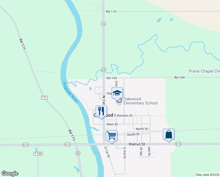 map of restaurants, bars, coffee shops, grocery stores, and more near 103 Estel Street in Oakwood