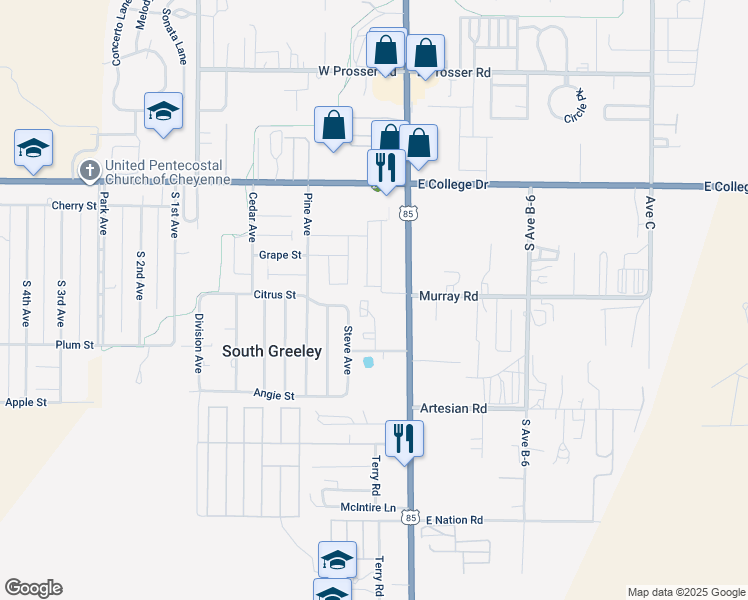 map of restaurants, bars, coffee shops, grocery stores, and more near 222 Country West Road in Cheyenne