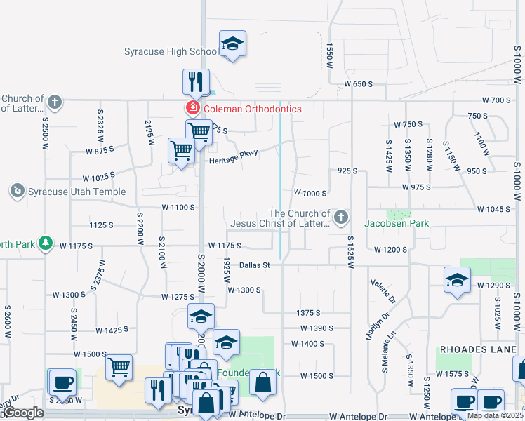 map of restaurants, bars, coffee shops, grocery stores, and more near 1067 South 1825 West in Syracuse
