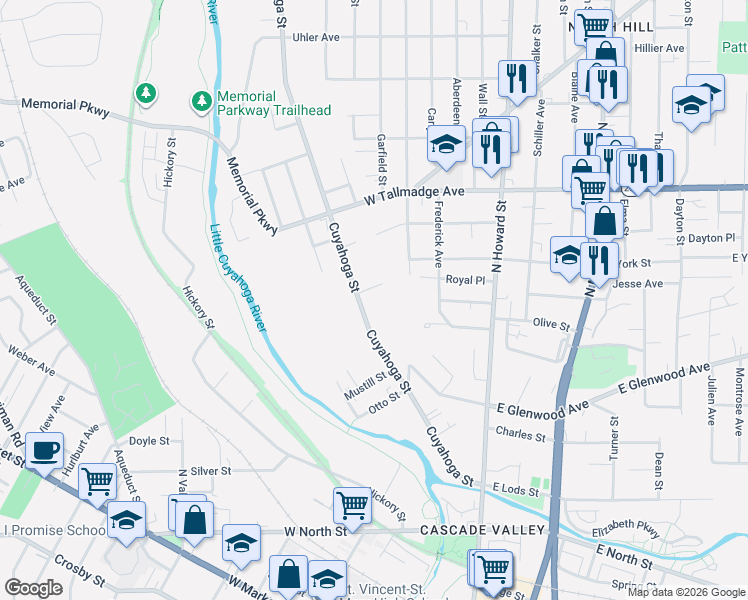 map of restaurants, bars, coffee shops, grocery stores, and more near 184 Reid Terrace in Akron