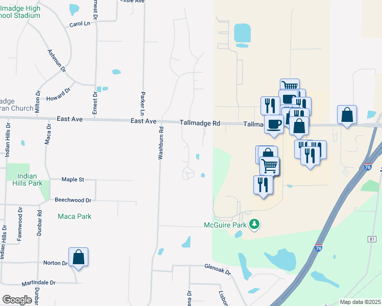 map of restaurants, bars, coffee shops, grocery stores, and more near 71 Eastpointe Drive in Tallmadge