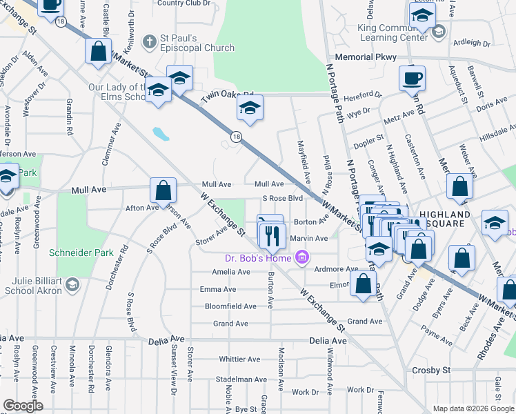 map of restaurants, bars, coffee shops, grocery stores, and more near 82 Dick Avenue in Akron
