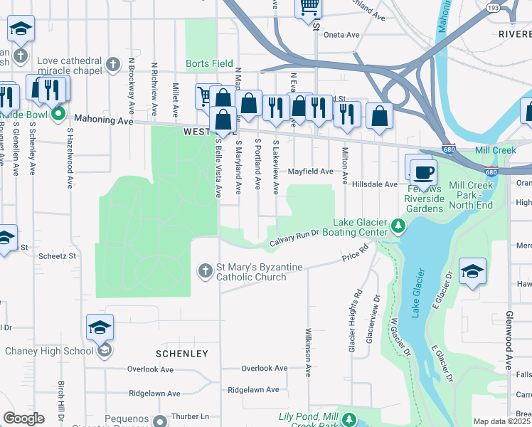 map of restaurants, bars, coffee shops, grocery stores, and more near 1716 Olson Avenue in Youngstown