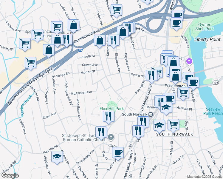 map of restaurants, bars, coffee shops, grocery stores, and more near 32 Taylor Avenue in Norwalk