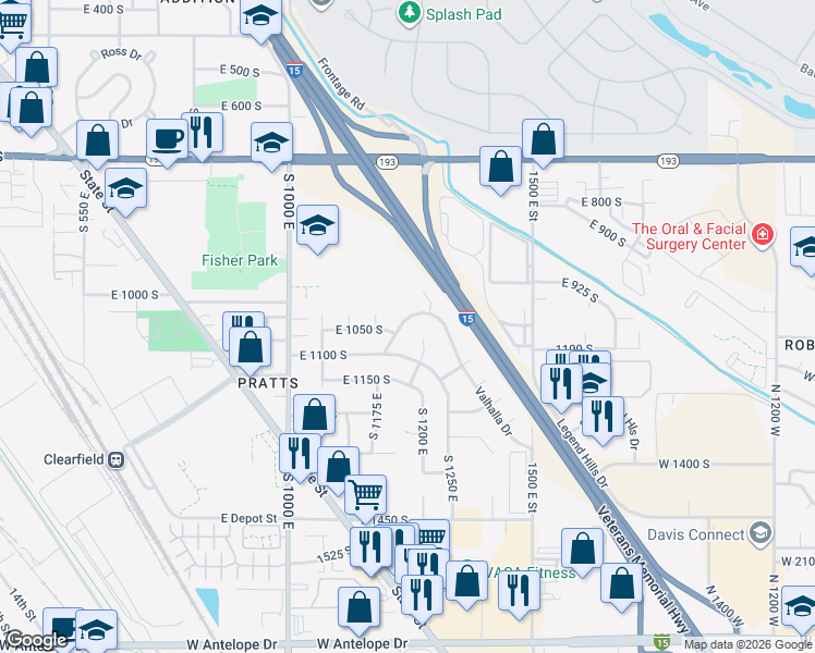 map of restaurants, bars, coffee shops, grocery stores, and more near 1184 East Valhalla Drive in Clearfield