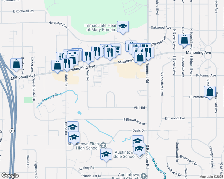 map of restaurants, bars, coffee shops, grocery stores, and more near 119 Hickory Lane in Youngstown