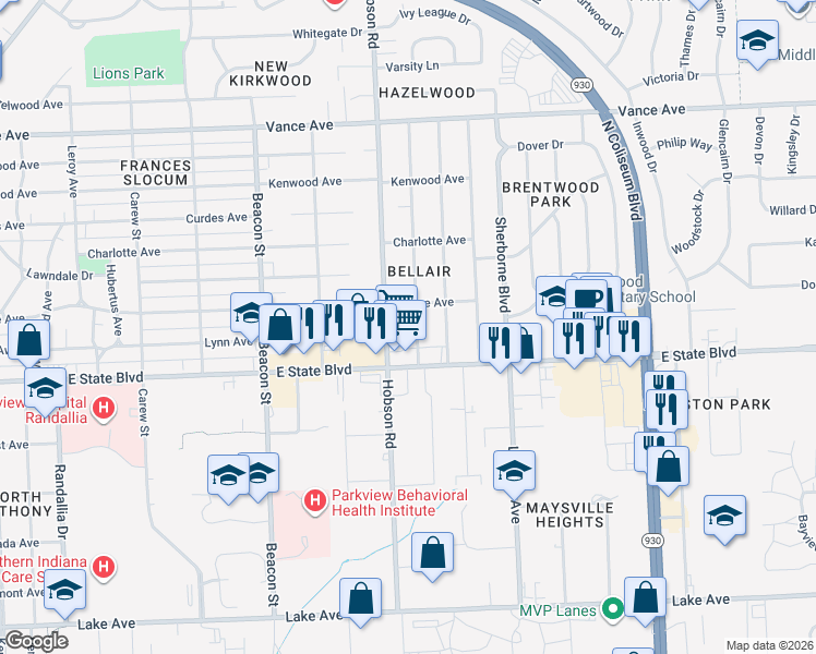 map of restaurants, bars, coffee shops, grocery stores, and more near 2409 White Oak Avenue in Fort Wayne