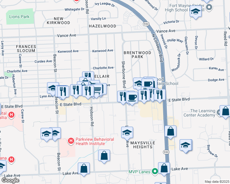 map of restaurants, bars, coffee shops, grocery stores, and more near 2405 Barnhart Avenue in Fort Wayne