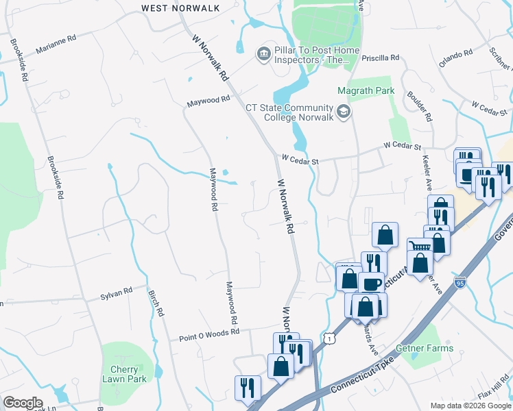 map of restaurants, bars, coffee shops, grocery stores, and more near 1 Flintlock Road in Norwalk