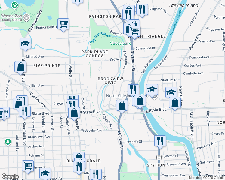 map of restaurants, bars, coffee shops, grocery stores, and more near 2417 Oakridge Road in Fort Wayne