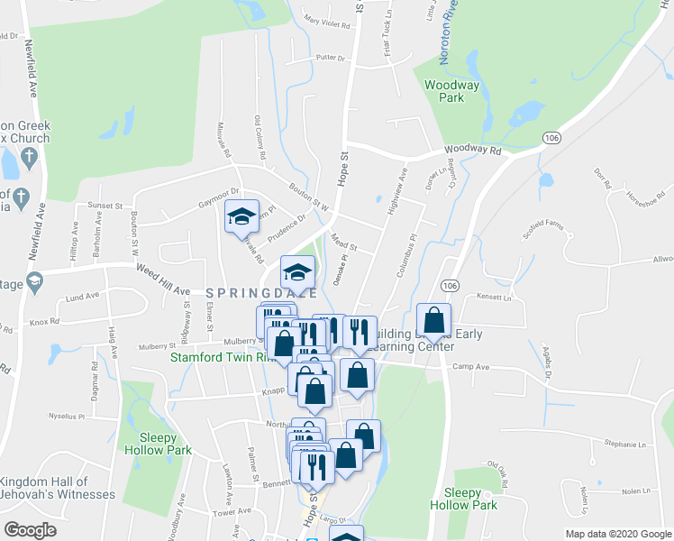 map of restaurants, bars, coffee shops, grocery stores, and more near 21 Oenoke Place in Stamford