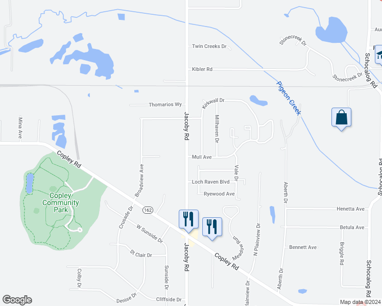 map of restaurants, bars, coffee shops, grocery stores, and more near 1249 Jacoby Road in Akron