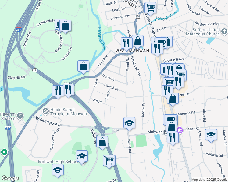 map of restaurants, bars, coffee shops, grocery stores, and more near 115 Church St in Mahwah