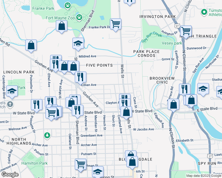 map of restaurants, bars, coffee shops, grocery stores, and more near 2511 Cortland Avenue in Fort Wayne