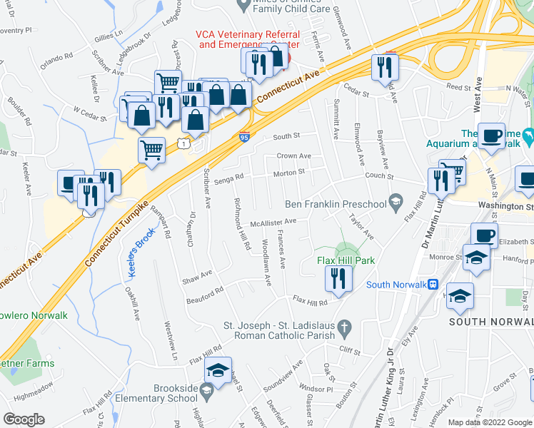 map of restaurants, bars, coffee shops, grocery stores, and more near 36 Avenue D in Norwalk