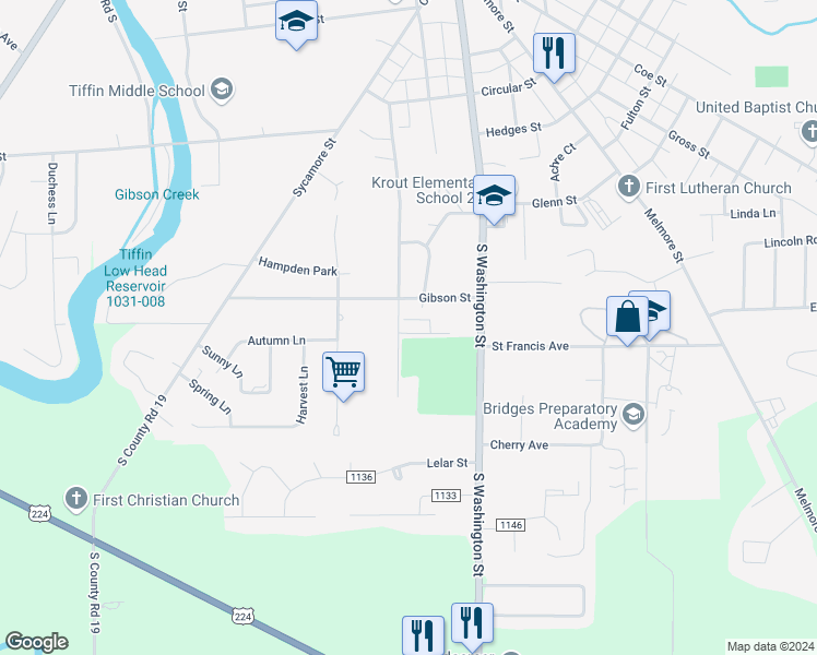 map of restaurants, bars, coffee shops, grocery stores, and more near 225 Mohawk Street in Tiffin