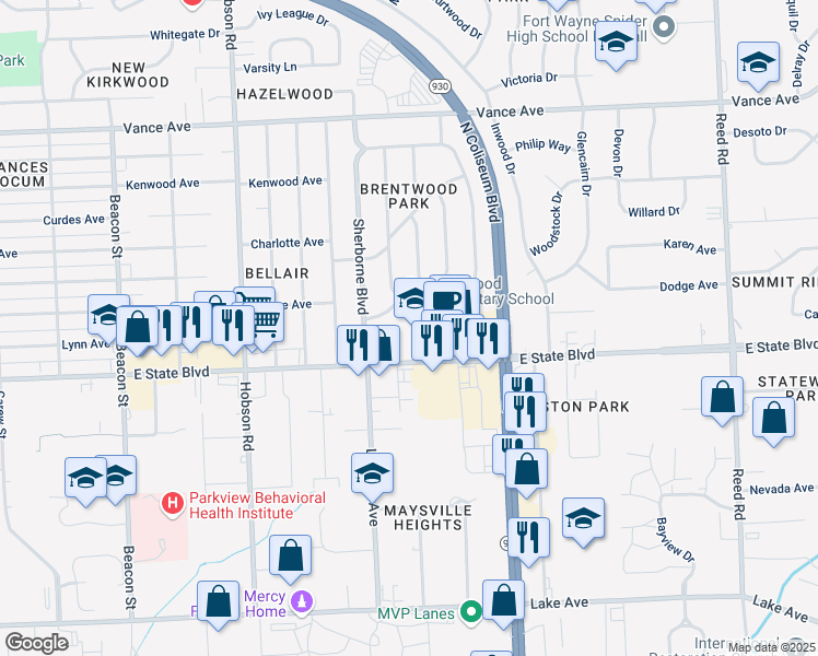 map of restaurants, bars, coffee shops, grocery stores, and more near 3710 Stafford Drive in Fort Wayne
