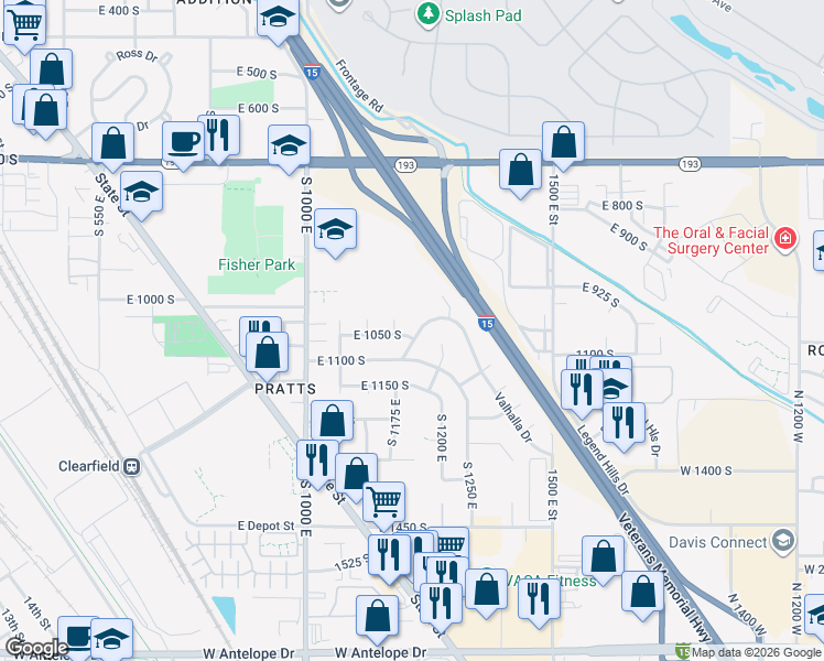 map of restaurants, bars, coffee shops, grocery stores, and more near 1151 1050 South in Clearfield