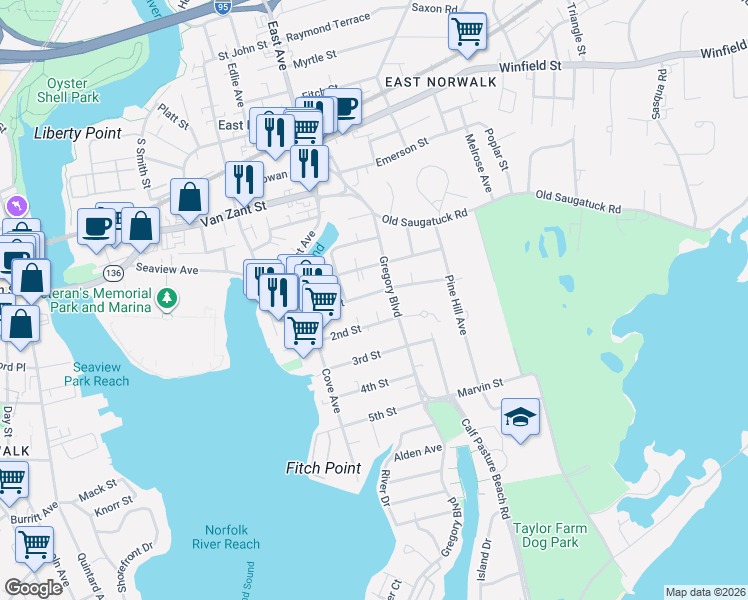 map of restaurants, bars, coffee shops, grocery stores, and more near in Norwalk