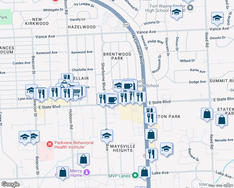 map of restaurants, bars, coffee shops, grocery stores, and more near 3710 Stafford Drive in Fort Wayne