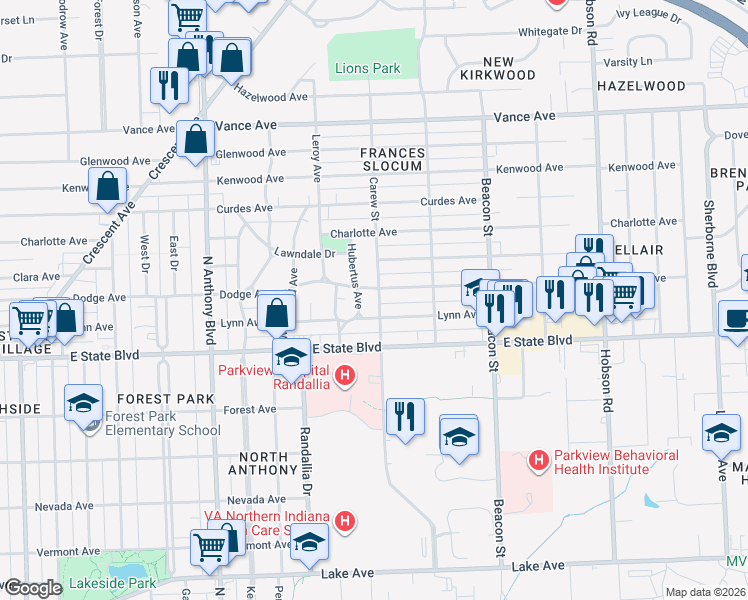 map of restaurants, bars, coffee shops, grocery stores, and more near 2415 Carew Street in Fort Wayne