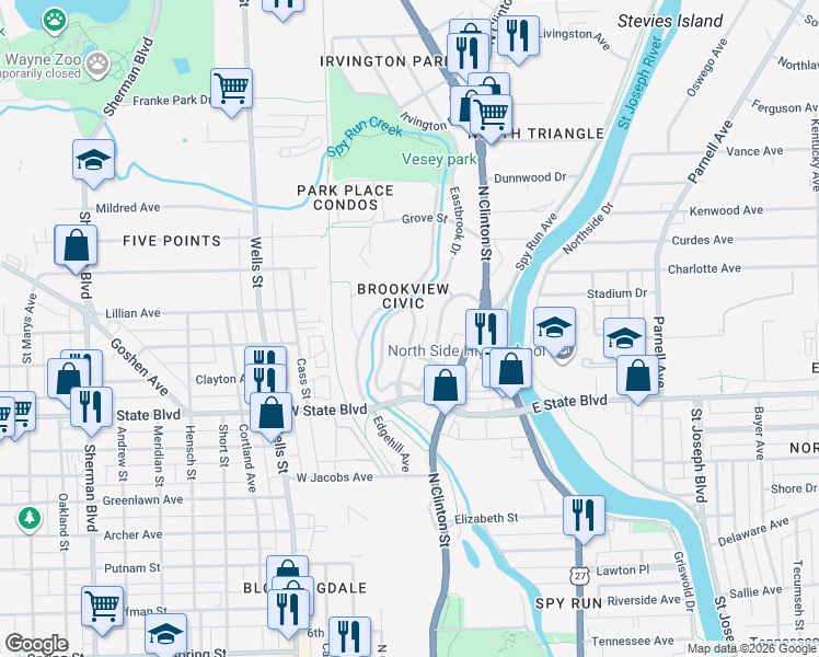 map of restaurants, bars, coffee shops, grocery stores, and more near 2417 Oakridge Road in Fort Wayne