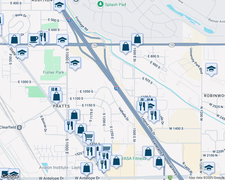 map of restaurants, bars, coffee shops, grocery stores, and more near 1211 Valhalla Drive in Clearfield