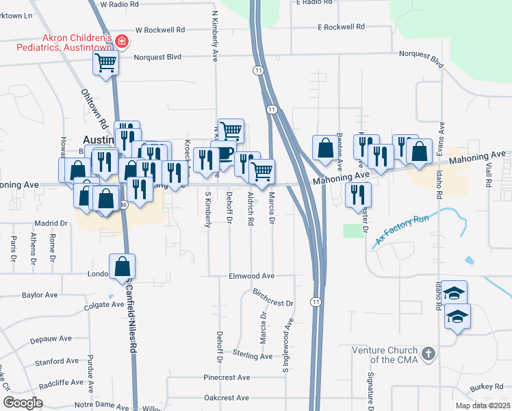 map of restaurants, bars, coffee shops, grocery stores, and more near 79 Aldrich Road in Youngstown