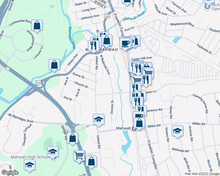 map of restaurants, bars, coffee shops, grocery stores, and more near 58 North Railroad Avenue in Mahwah
