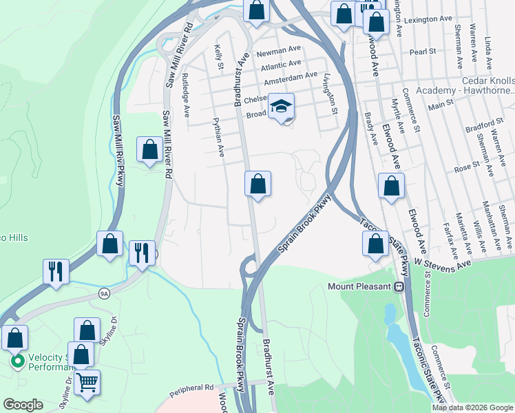 map of restaurants, bars, coffee shops, grocery stores, and more near 155 Bradhurst Avenue in Hawthorne