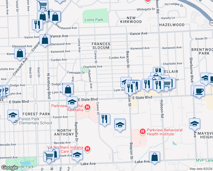map of restaurants, bars, coffee shops, grocery stores, and more near 2508 Dodge Avenue in Fort Wayne